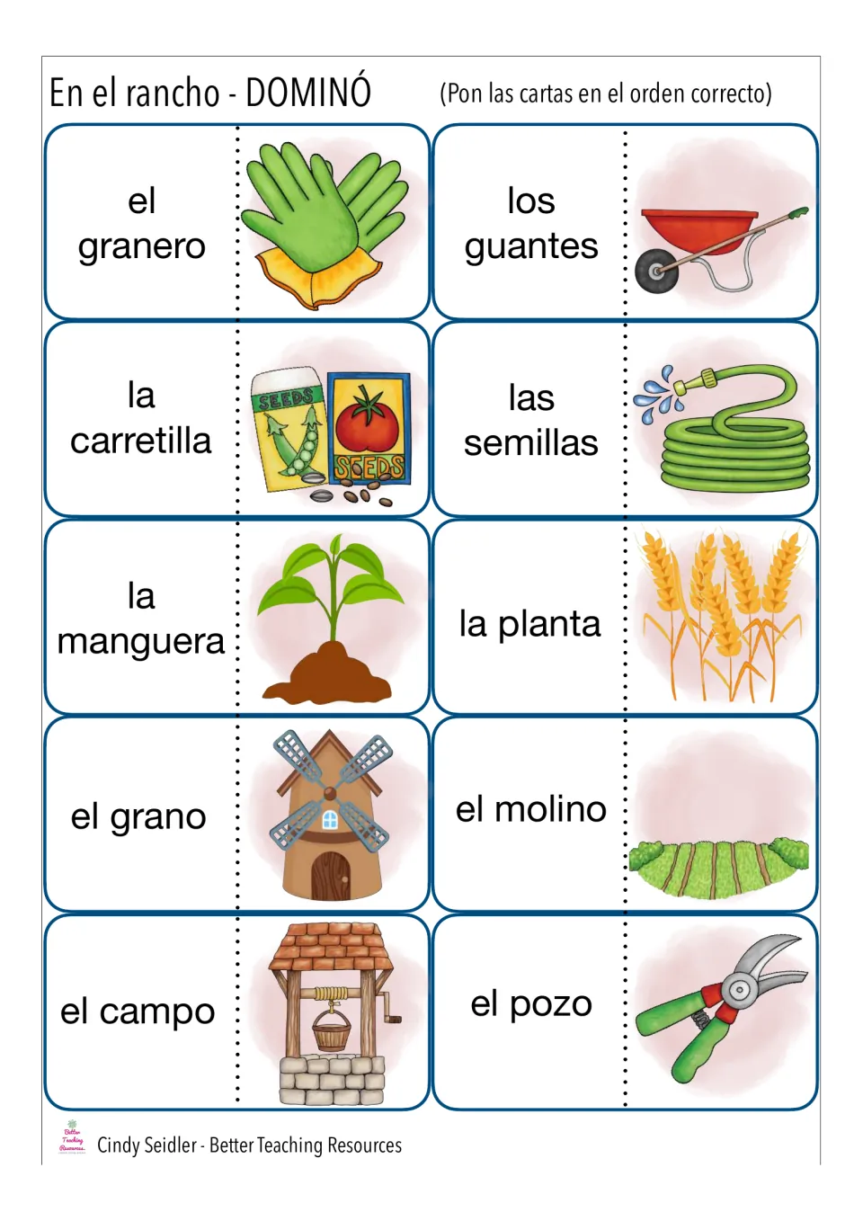 Spanish ranch domino cards 21–30: el granero (barn), los guantes (gloves), and eight more.