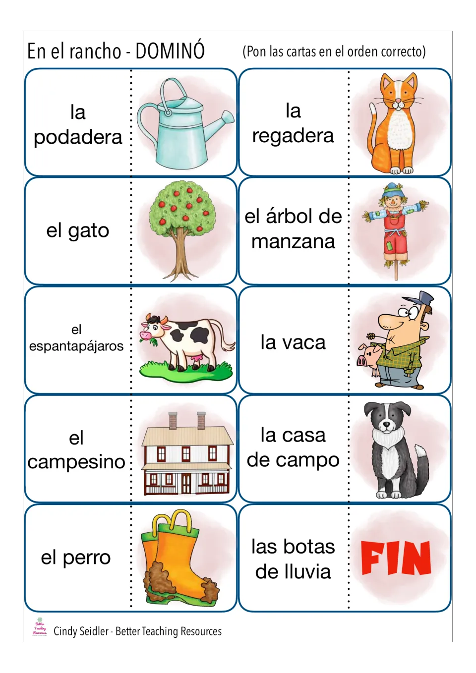 Spanish ranch domino cards 31–40: la podadera (pruning shears), la regadera (watering can), and eight more.