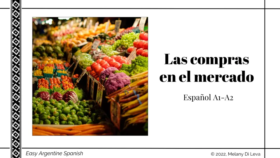 Spanish shopping lesson cover titled 'Las compras en el mercado' (Shopping at the Market), for A1–A2