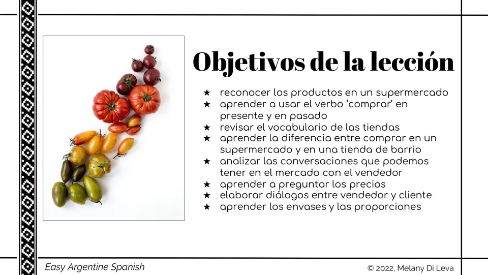 Spanish shopping lesson objectives: products, comprar (to buy), stores, prices, dialogues, and packaging