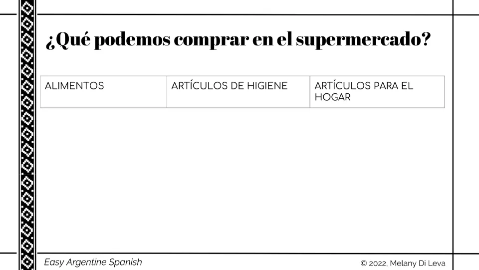Spanish supermarket vocabulary activity asks what shoppers can buy: food, hygiene items, and household items