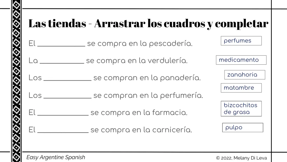 Spanish store matching activity: drag six product names, including pulpo (octopus), to complete sentences