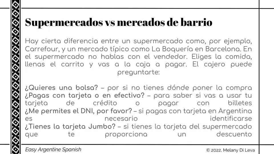 Spanish shopping reading compares supermarkets and neighborhood markets, then gives checkout questions