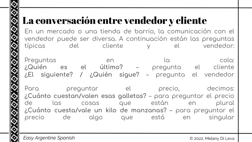 Spanish customer-seller conversation reference introduces asking whose turn is next and asking prices