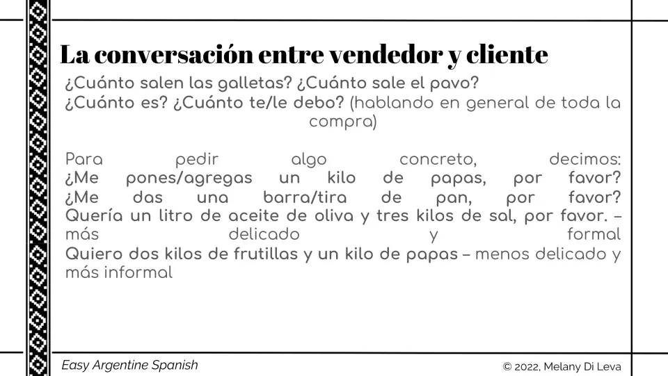 Spanish customer-seller conversation continues with asking totals and requesting quantities of groceries