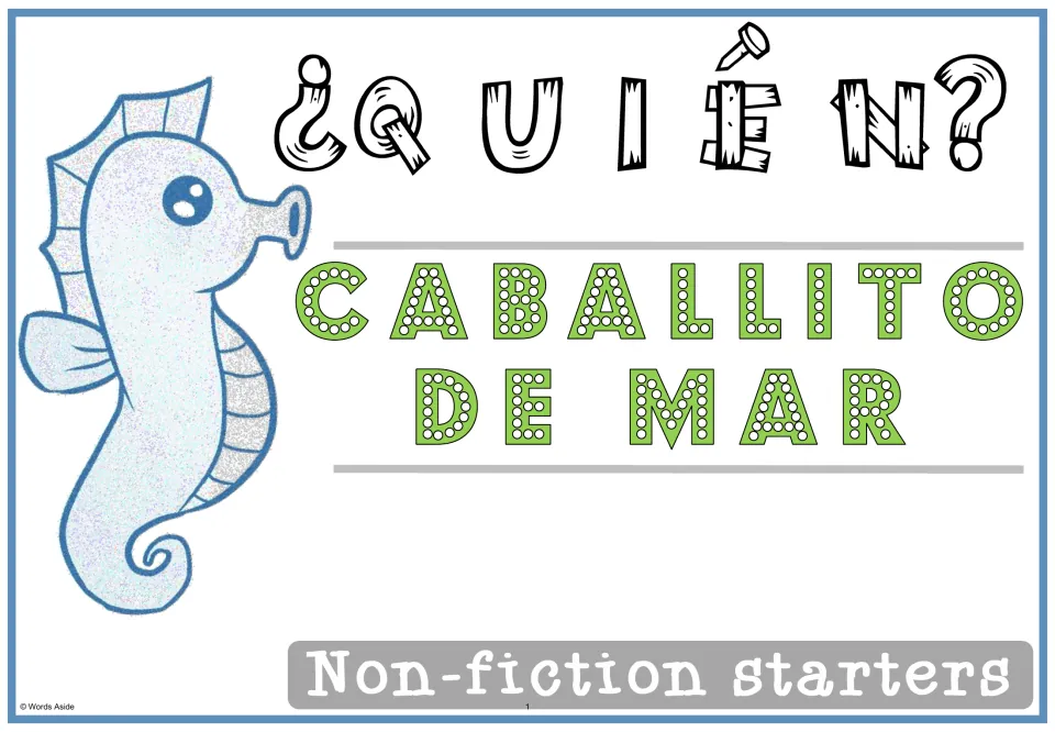 Cover of the Spanish nonfiction packet labeled 'Caballito de mar' (seahorse) and 'Non-fiction starters'