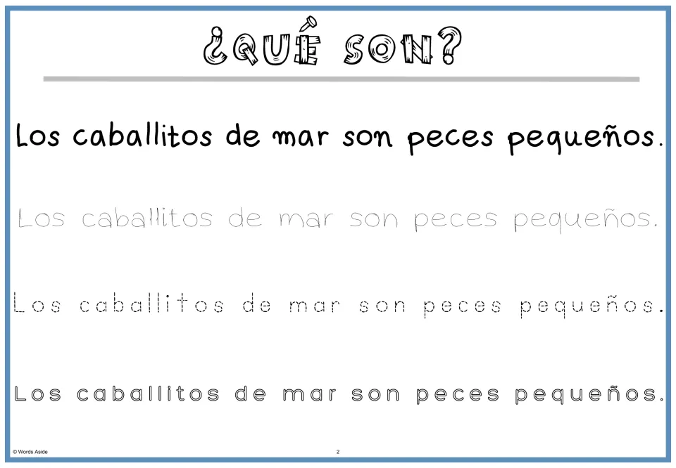 Spanish fact and tracing practice: 'Los caballitos de mar son peces pequeños' (seahorses are small fish)
