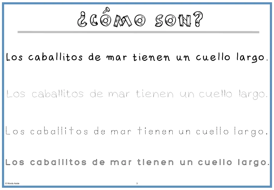 Spanish fact and tracing practice: 'Los caballitos de mar tienen un cuello largo' (seahorses have a long neck)