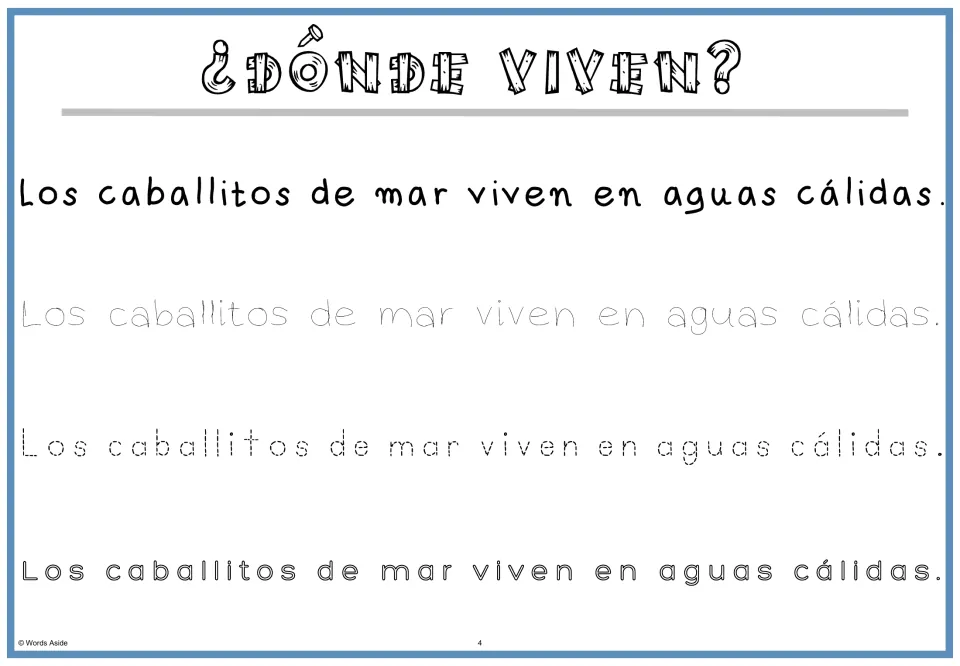 Spanish fact and tracing practice: 'Los caballitos de mar viven en aguas cálidas' (seahorses live in warm waters)