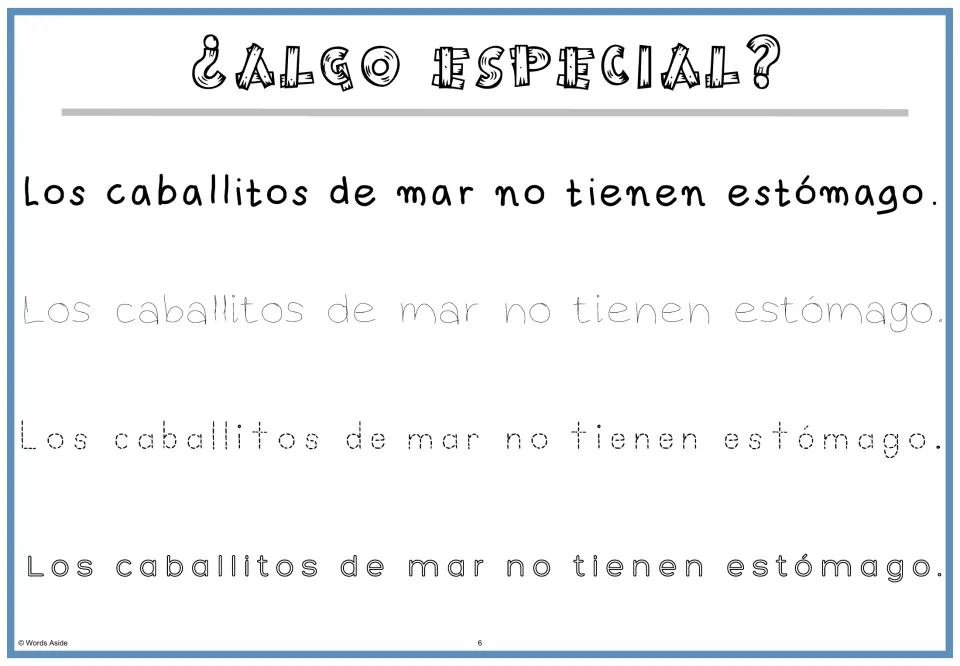Spanish fact and tracing practice: 'Los caballitos de mar no tienen estómago' (seahorses have no stomach)