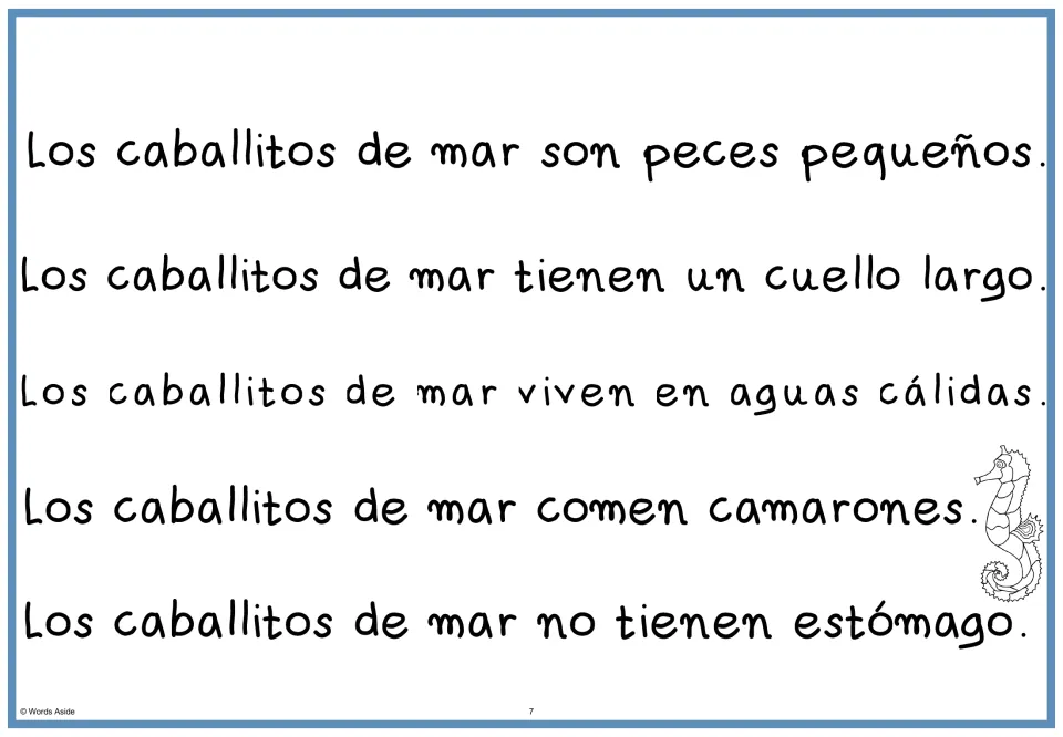 Spanish reading passage combining five seahorse facts about small size, long necks, warm waters, diet, and stomachs