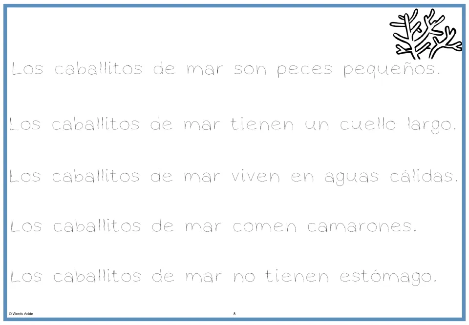 Light-print tracing version of the Spanish passage combining all five seahorse facts from the question pages
