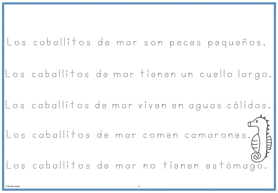 Dotted-letter tracing version of the Spanish passage combining all five seahorse facts from the question pages