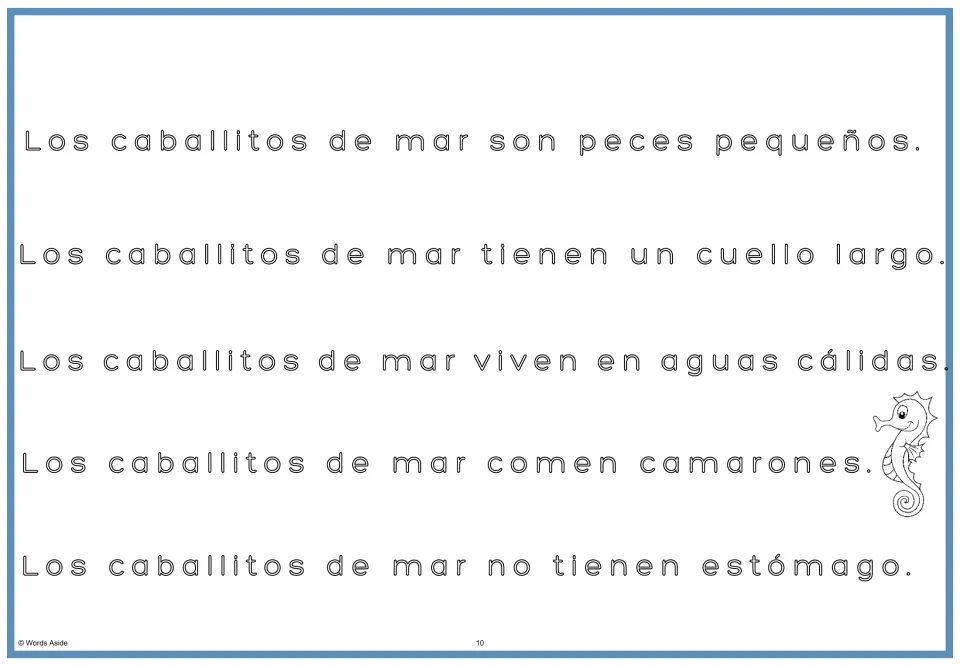 Outline-letter tracing version of the Spanish passage combining all five seahorse facts from the question pages