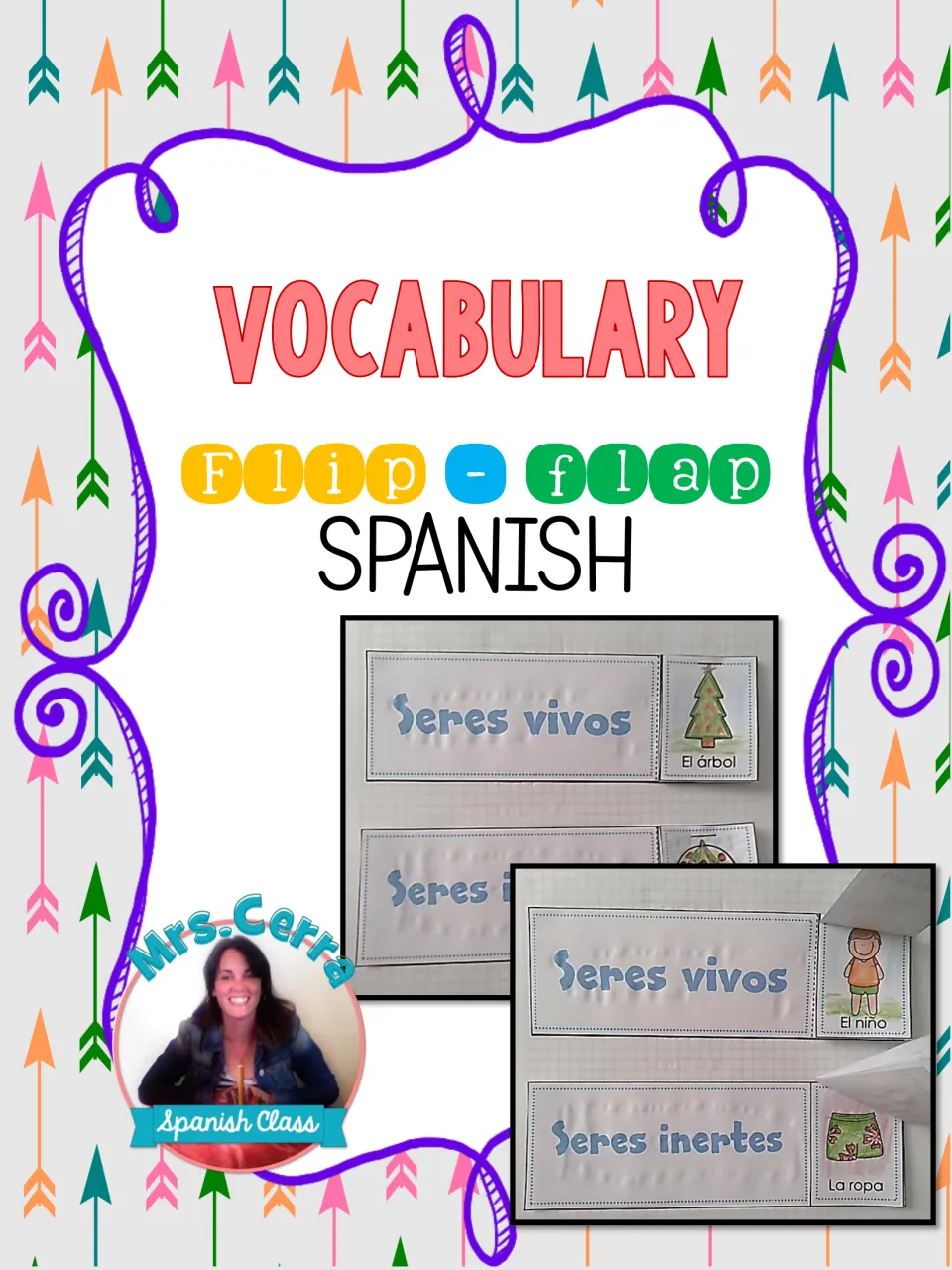 Spanish vocabulary flip-flap cover showing assembled foldables for living things and nonliving things
