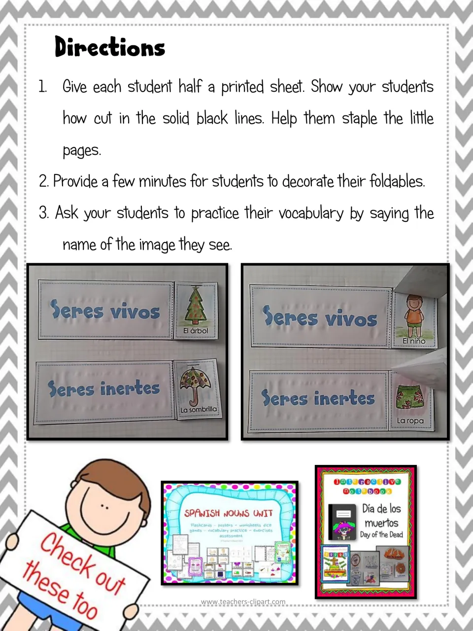 Foldable directions: give each student half a sheet, cut, staple, decorate, and say the pictured vocabulary