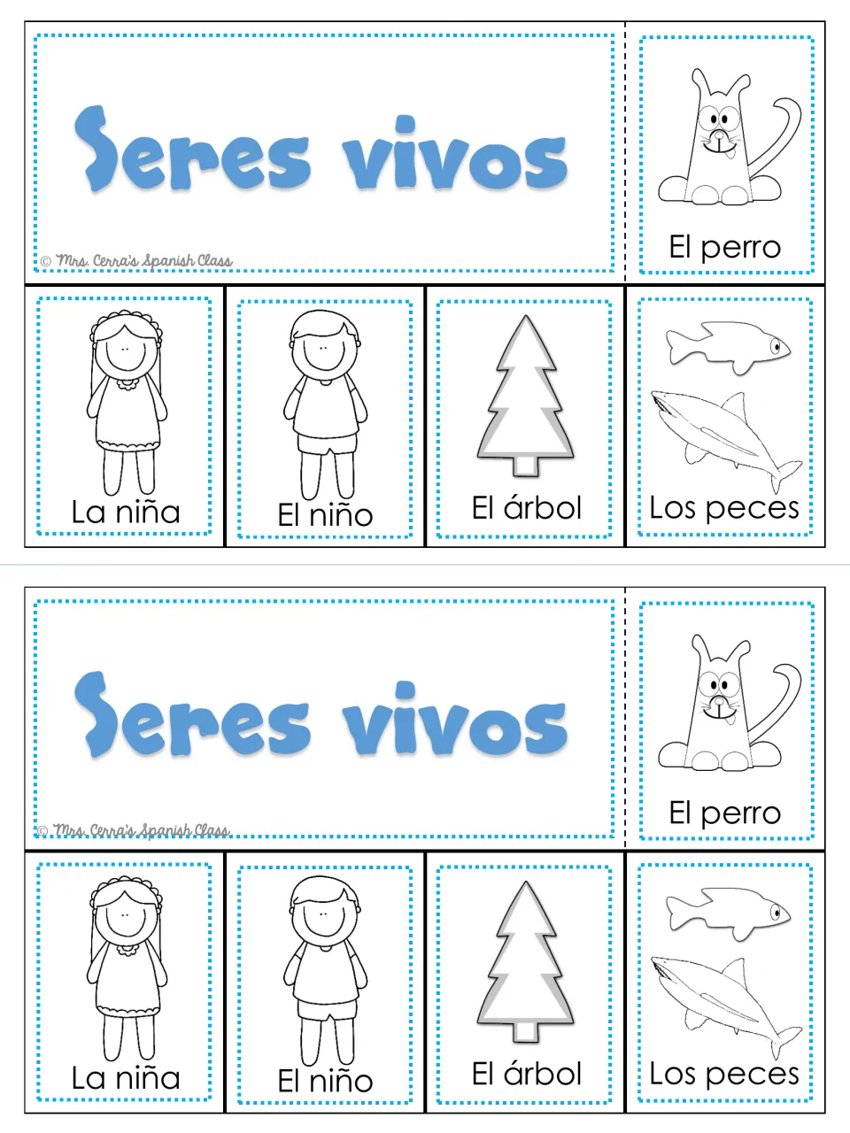 Seres vivos (living things) foldable: dog, girl, boy, tree, and fish labeled in Spanish, printed twice