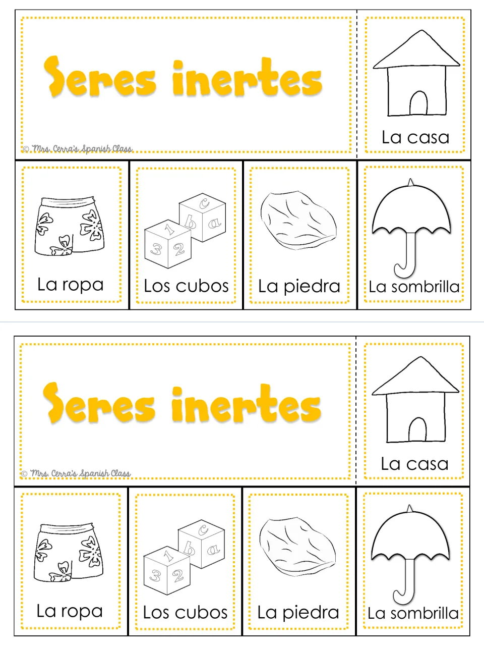 Seres inertes (nonliving things) foldable: house, clothes, blocks, stone, and umbrella in Spanish, twice
