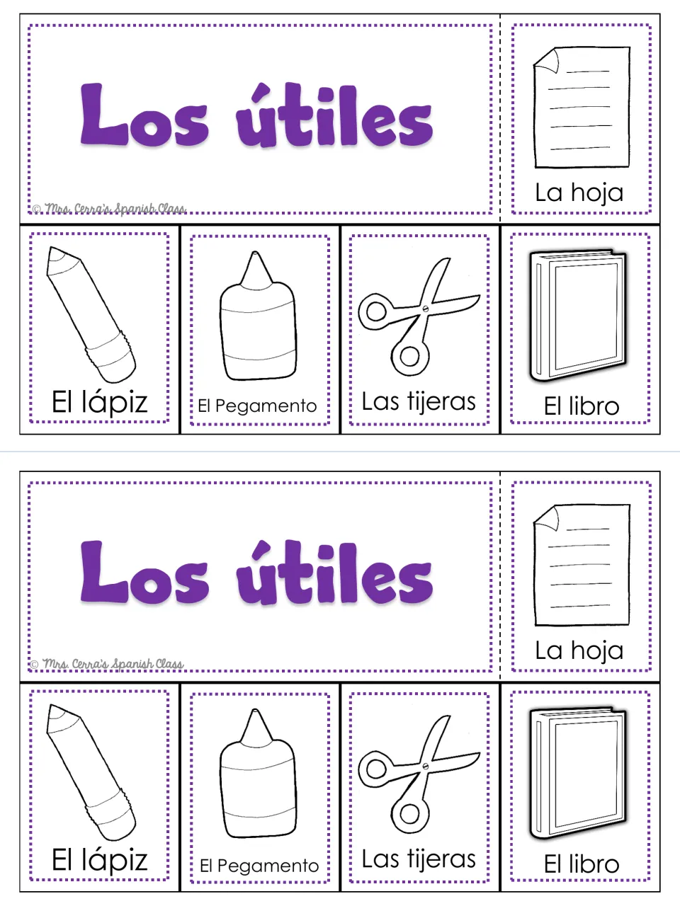 Los útiles (school supplies) foldable: paper, pencil, glue, scissors, and book labeled in Spanish, twice