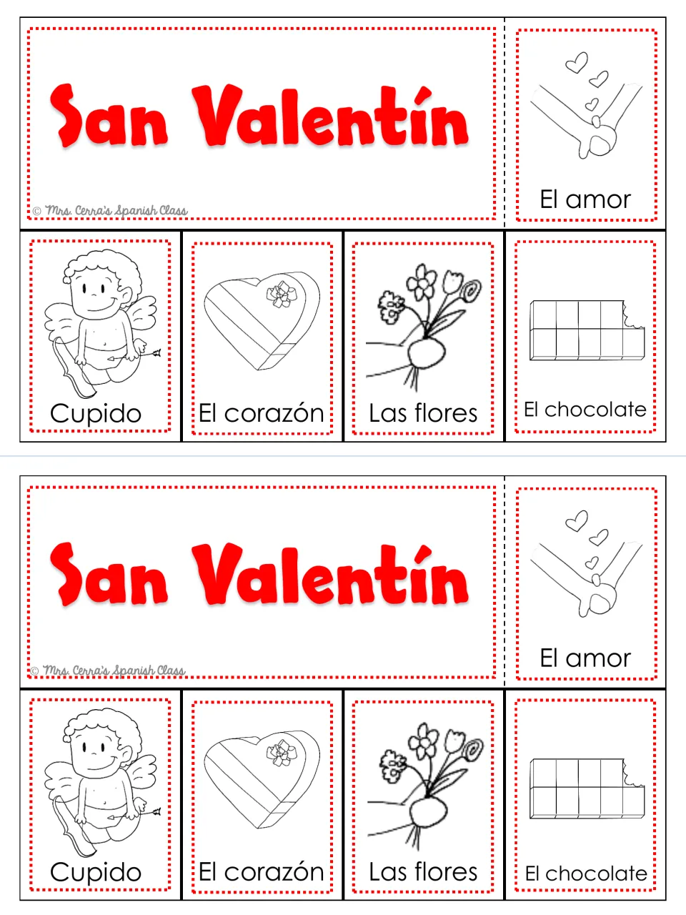 San Valentín (Valentine's Day) foldable: love, Cupid, heart, flowers, and chocolate in Spanish, twice