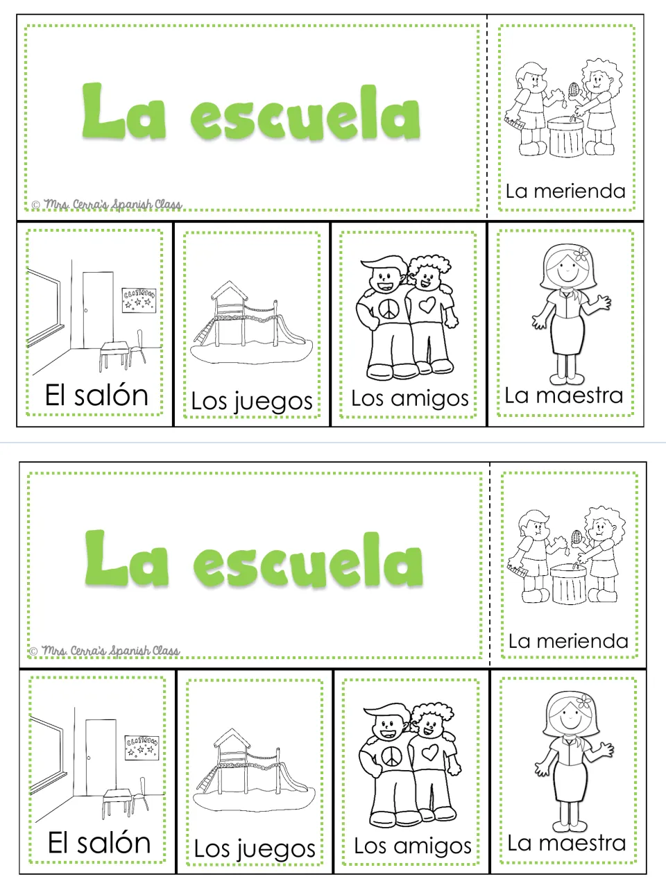 La escuela (school) foldable: snack, classroom, playground, friends, and teacher in Spanish, printed twice