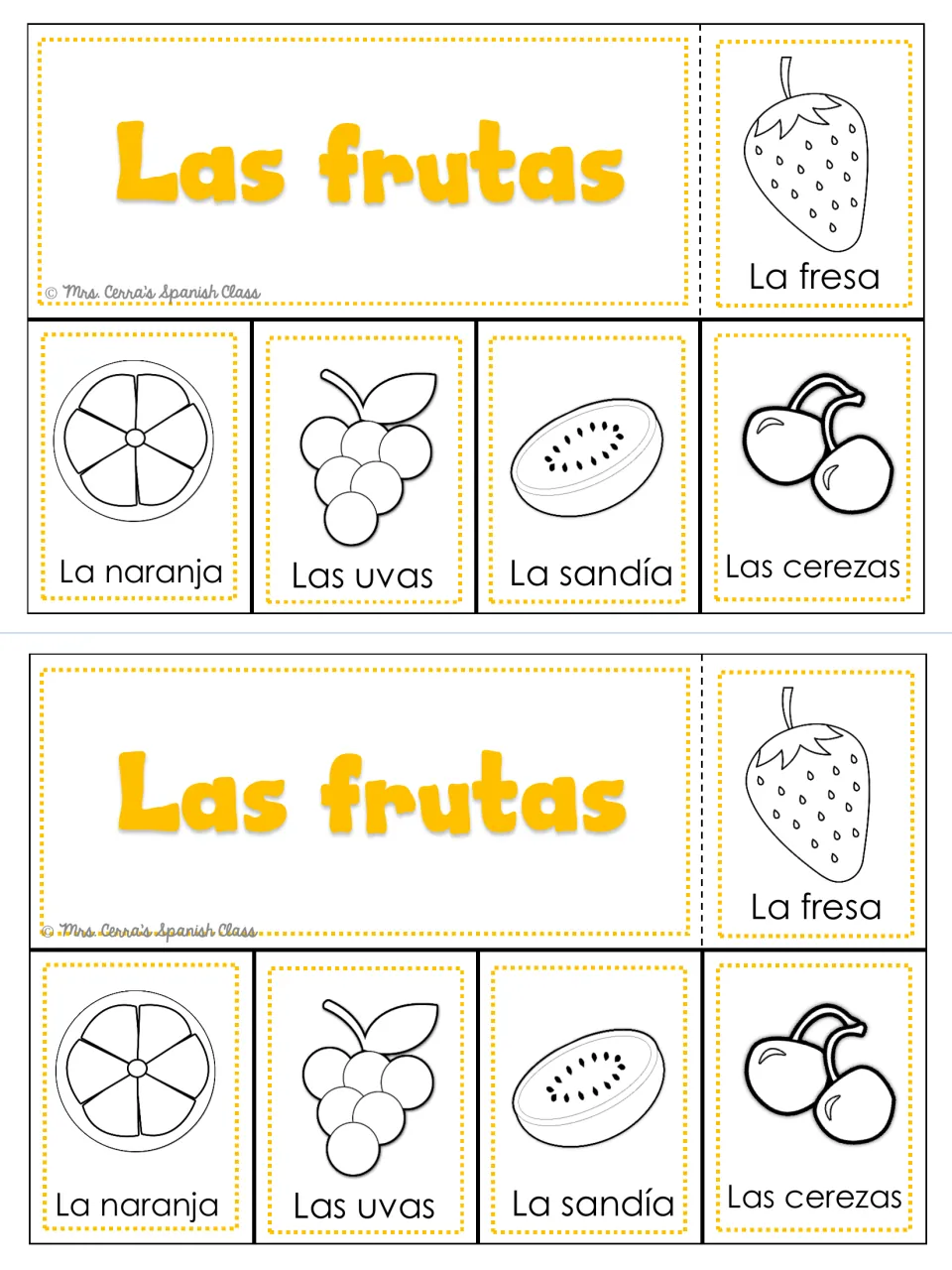 Las frutas (fruits) foldable: strawberry, orange, grapes, watermelon, and cherries in Spanish, twice