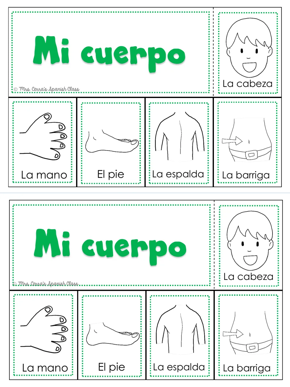 Mi cuerpo (my body) foldable: head, hand, foot, back, and belly labeled in Spanish, printed twice