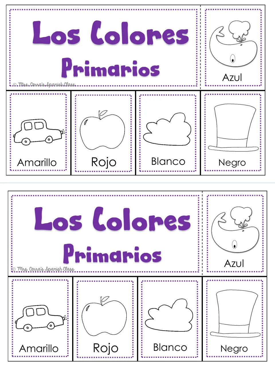 Spanish color foldable, printed twice: azul (blue), amarillo (yellow), rojo (red), blanco (white), negro (black)
