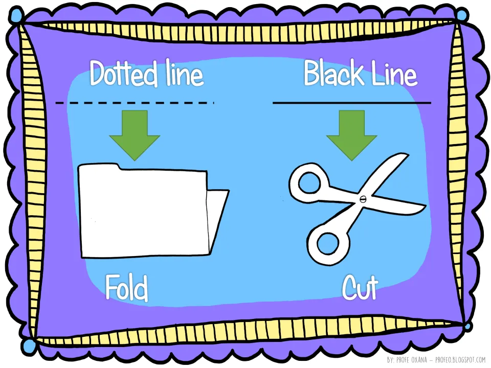 Notebook assembly directions explain how to fold along dotted marks and cut along solid black marks