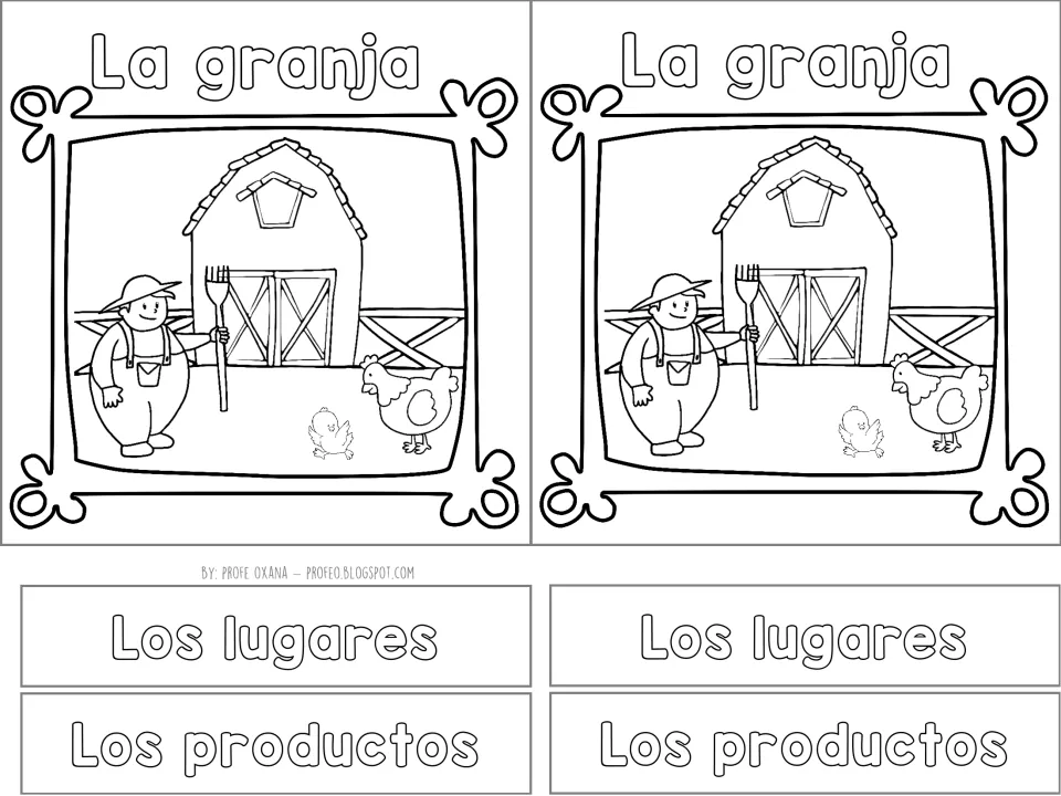 Notebook cover pieces labeled La granja (the farm), plus Los lugares (places) and Los productos (products)