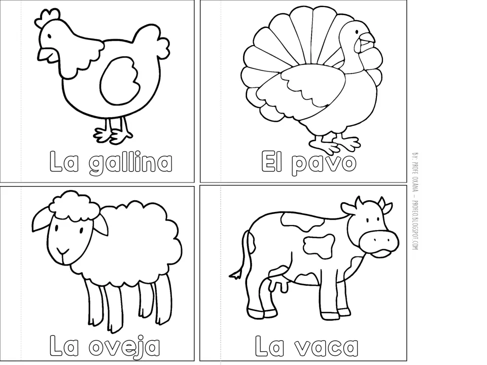 Farm animal flaps labeled La gallina (hen), El pavo (turkey), La oveja (sheep), and La vaca (cow)