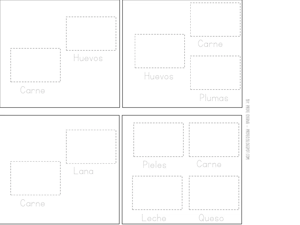 Product matching pieces for hen, turkey, sheep, and cow flaps include carne (meat), huevos (eggs), and lana (wool)
