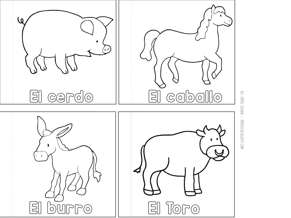 Farm animal flaps labeled El cerdo (pig), El caballo (horse), El burro (donkey), and El Toro (bull)