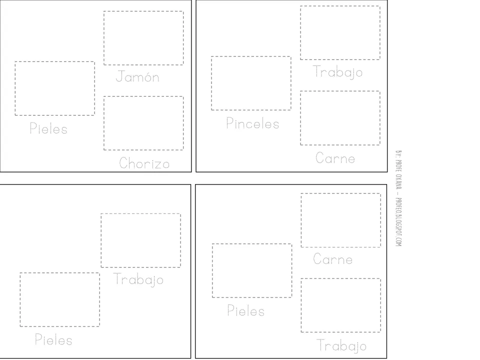 Matching pieces for pig, horse, donkey, and bull flaps include jamón (ham), pieles (hides), and trabajo (work)