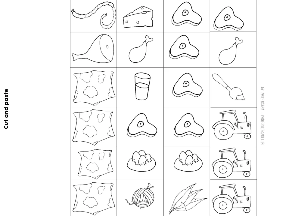 Notebook cut-and-paste sheet supplies 24 pictures of farm products and work, including cheese, eggs, and tractors