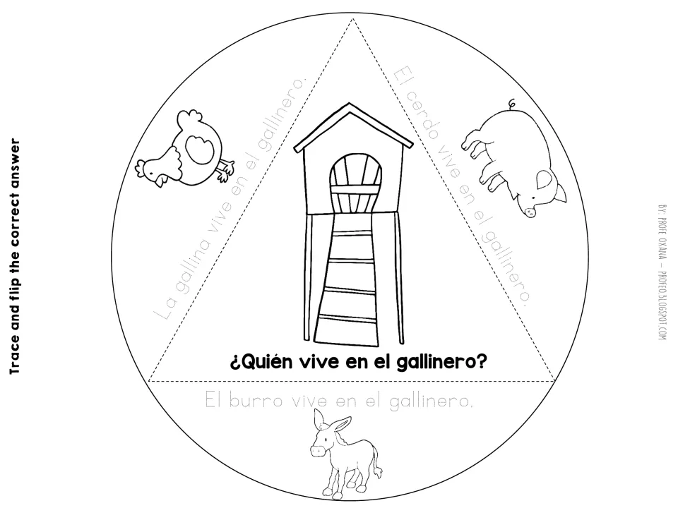 Chicken coop foldable asks ¿Quién vive en el gallinero? (Who lives in the chicken coop?) with hen, pig, and donkey