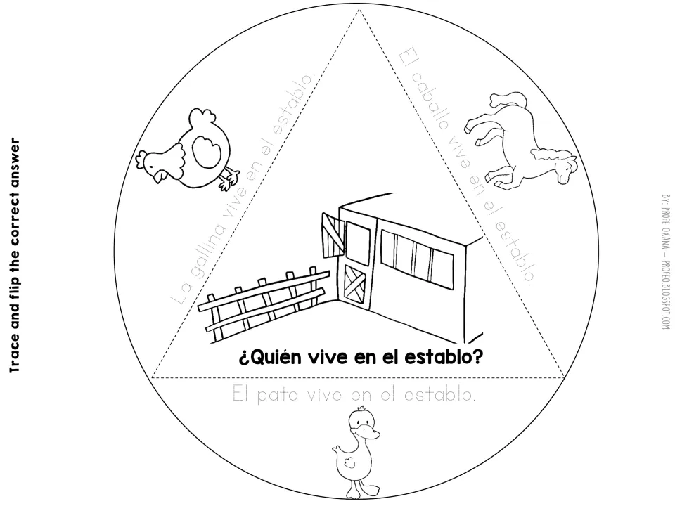 Stable foldable asks ¿Quién vive en el establo? (Who lives in the stable?) with hen, horse, and duck choices