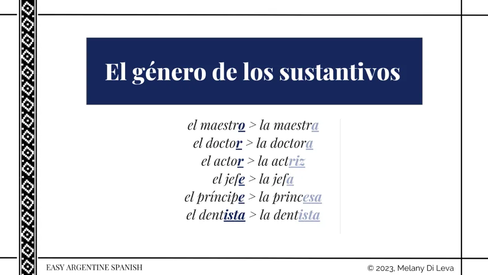 Noun gender reference gives six masculine-to-feminine pairs, including maestro/maestra (teacher) and actor/actriz