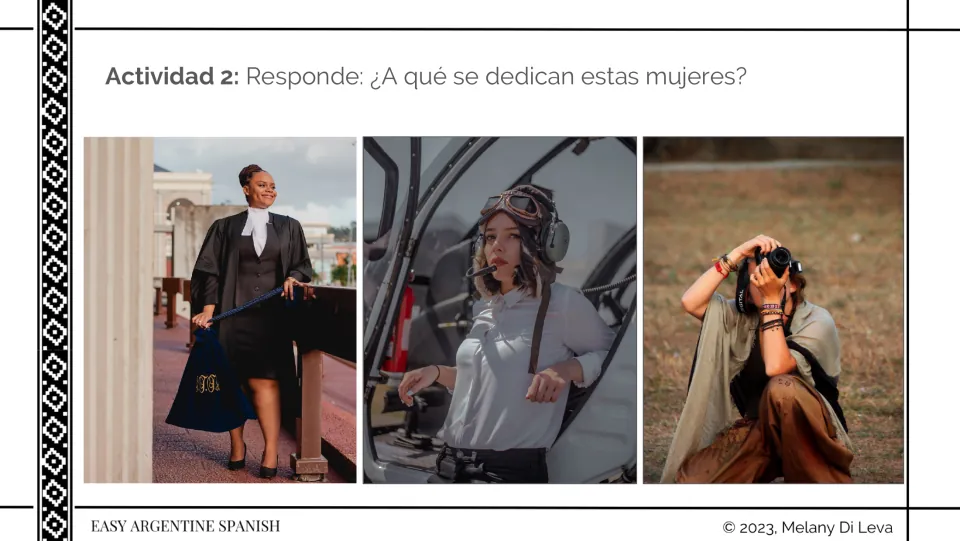 Activity 2 asks what three women do for work, using photos of a woman in legal robes, a pilot, and a photographer