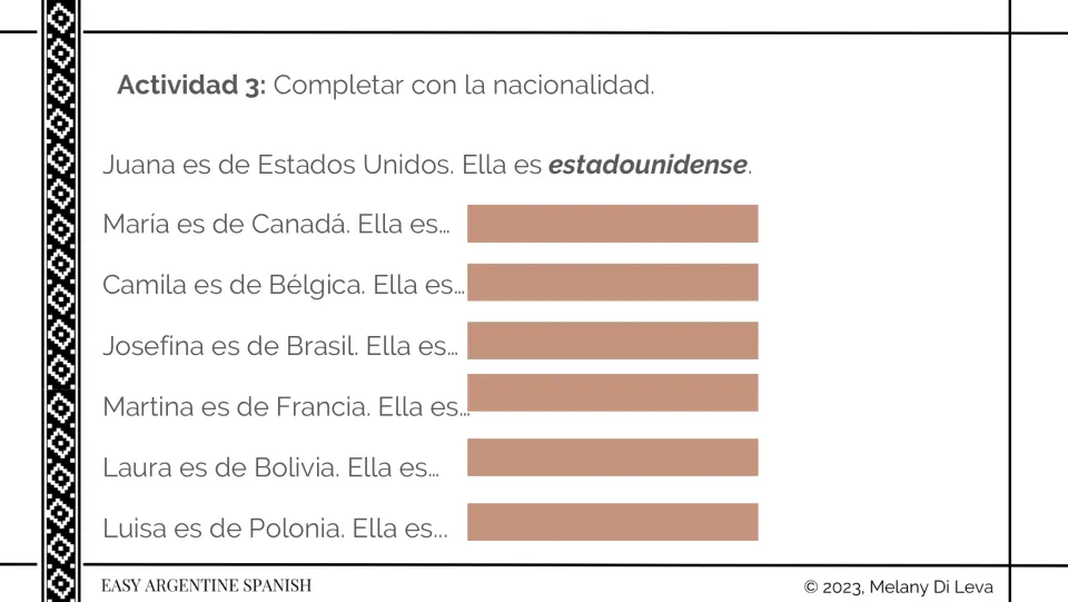 Activity 3 asks for feminine nationalities for Canada, Belgium, Brazil, France, Bolivia, and Poland in Spanish