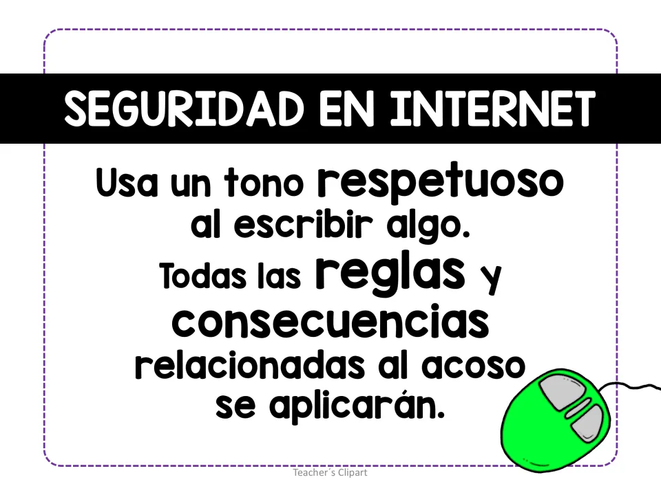 Spanish internet safety poster: write respectfully; all rules and consequences related to bullying apply
