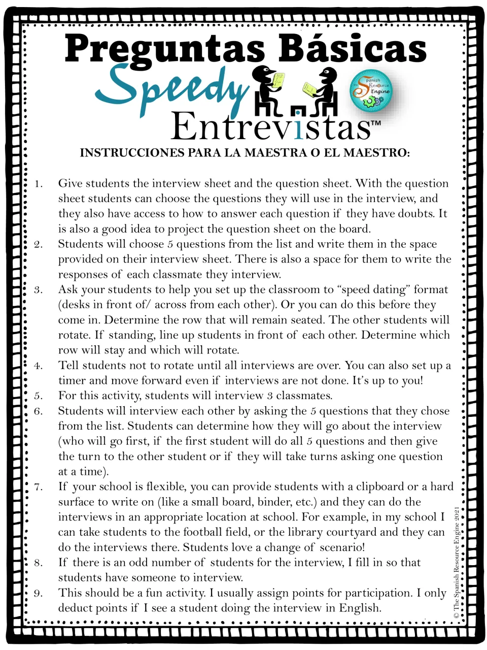 Teacher directions for Speedy Entrevistas: set up speed-dating rows, students pick 5 questions and interview 3 classmates