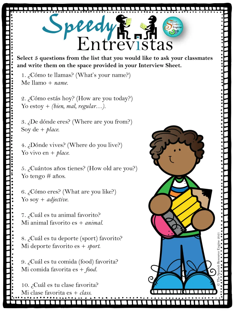 Basic Spanish question list: 10 questions like ¿Cómo te llamas? with English meaning and a sentence frame to answer each