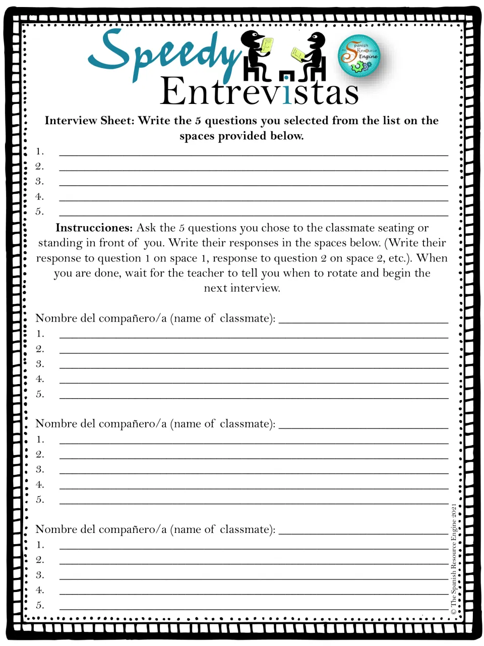 Speaking practice interview sheet: students copy 5 chosen questions, then write answers from 3 classmates they interview