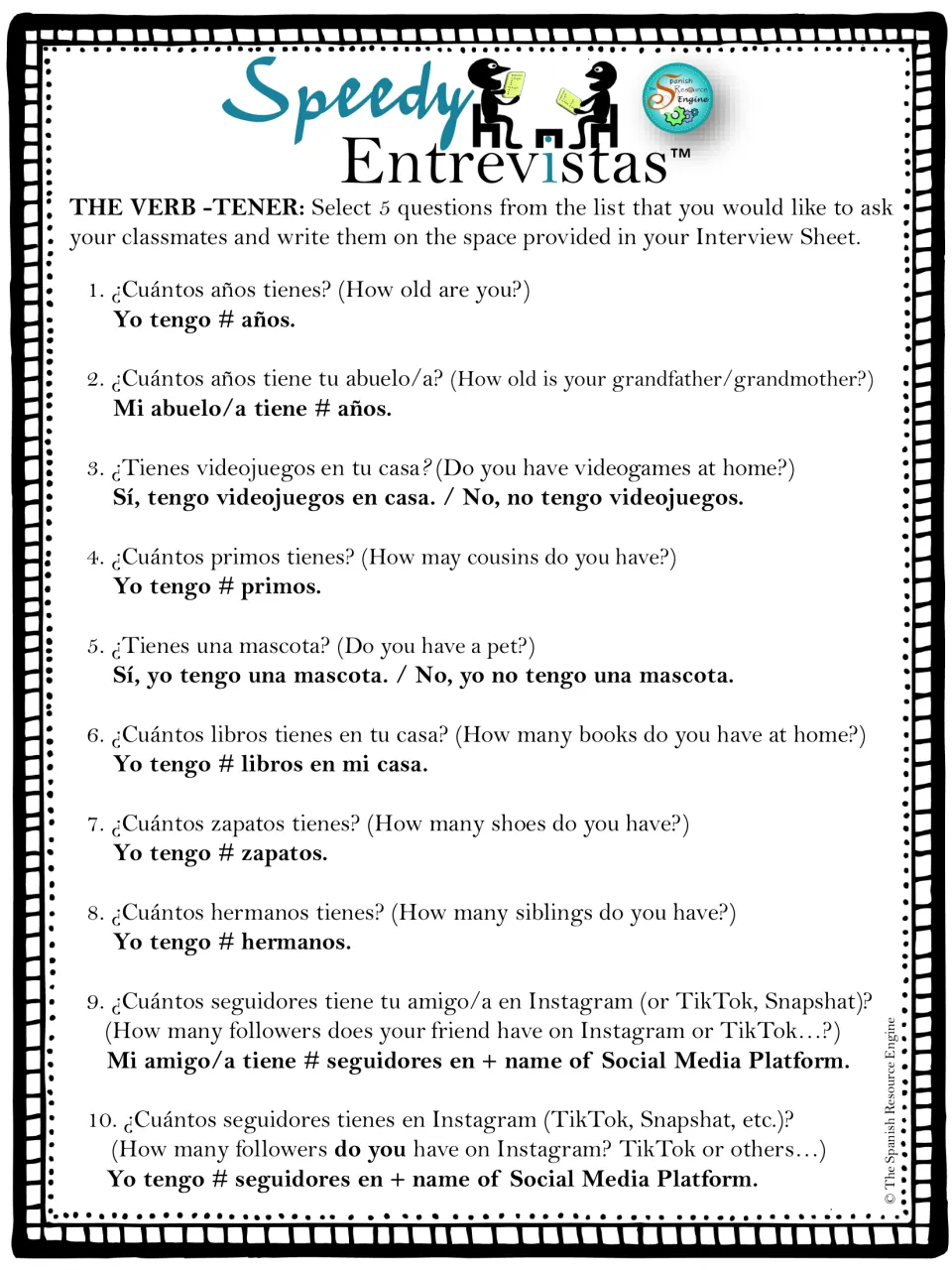 Tener question list: 10 Spanish questions with English translations and model answers, such as ¿Cuántos años tienes?