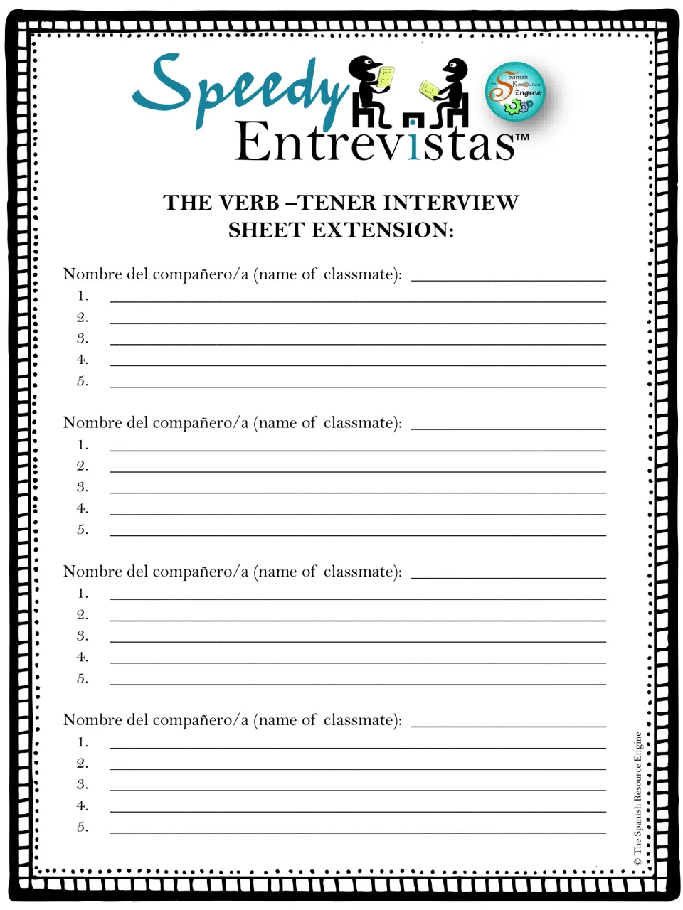 Tener interview sheet extension: students record names and 5 answers each from 4 more classmates