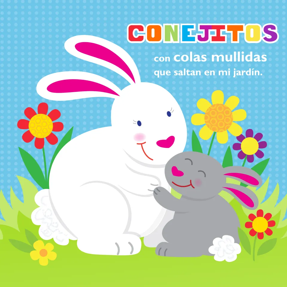 Story page: 'Conejitos con colas mullidas que saltan en mi jardín' (bunnies with fluffy tails hopping in my garden)