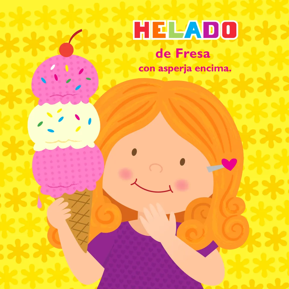 Story page: 'Helado de Fresa con asperja encima' (strawberry ice cream with sprinkles), a girl holding a tall cone
