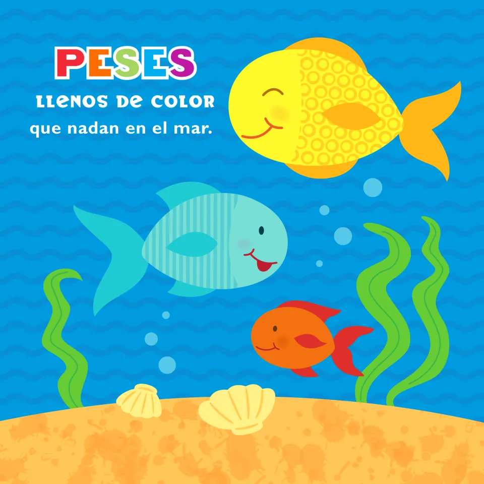 Story page: 'Peses llenos de color que nadan en el mar' (colorful fish that swim in the sea), with three fish