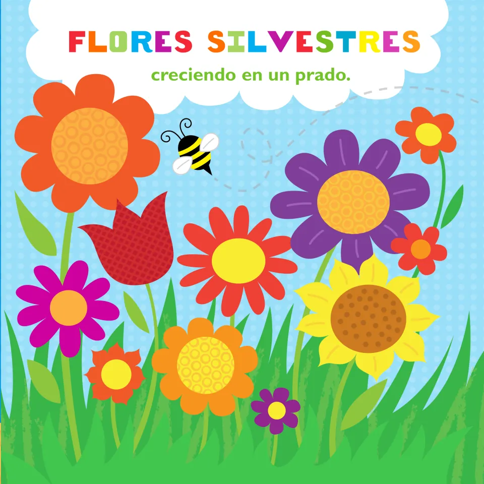 Story page: 'Flores silvestres creciendo en un prado' (wildflowers growing in a meadow), with a bee among flowers